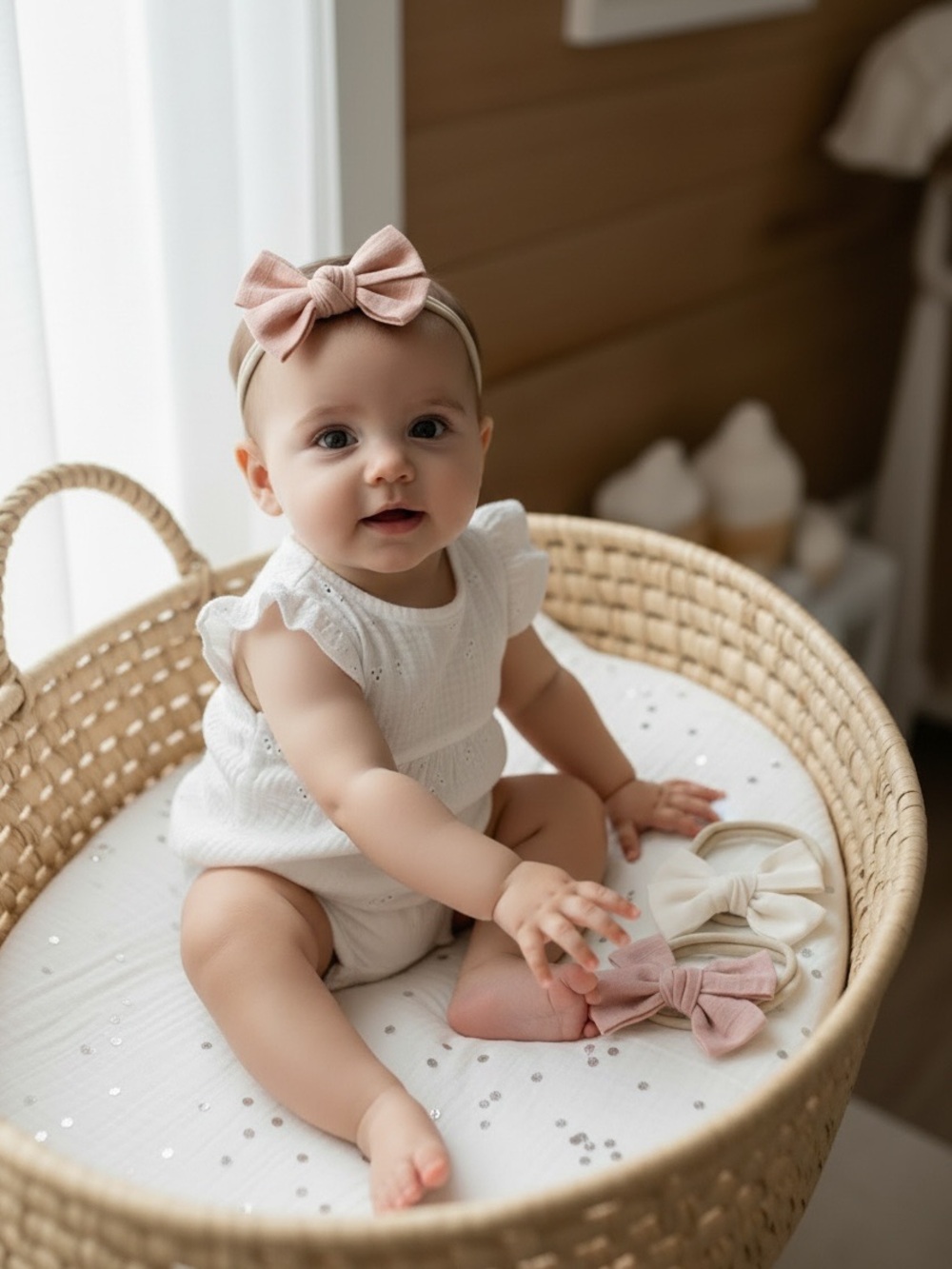 Handmade Baby Hair Bows Set of 3 | Stretchy Nylon Headbands | Soft Linen Texture